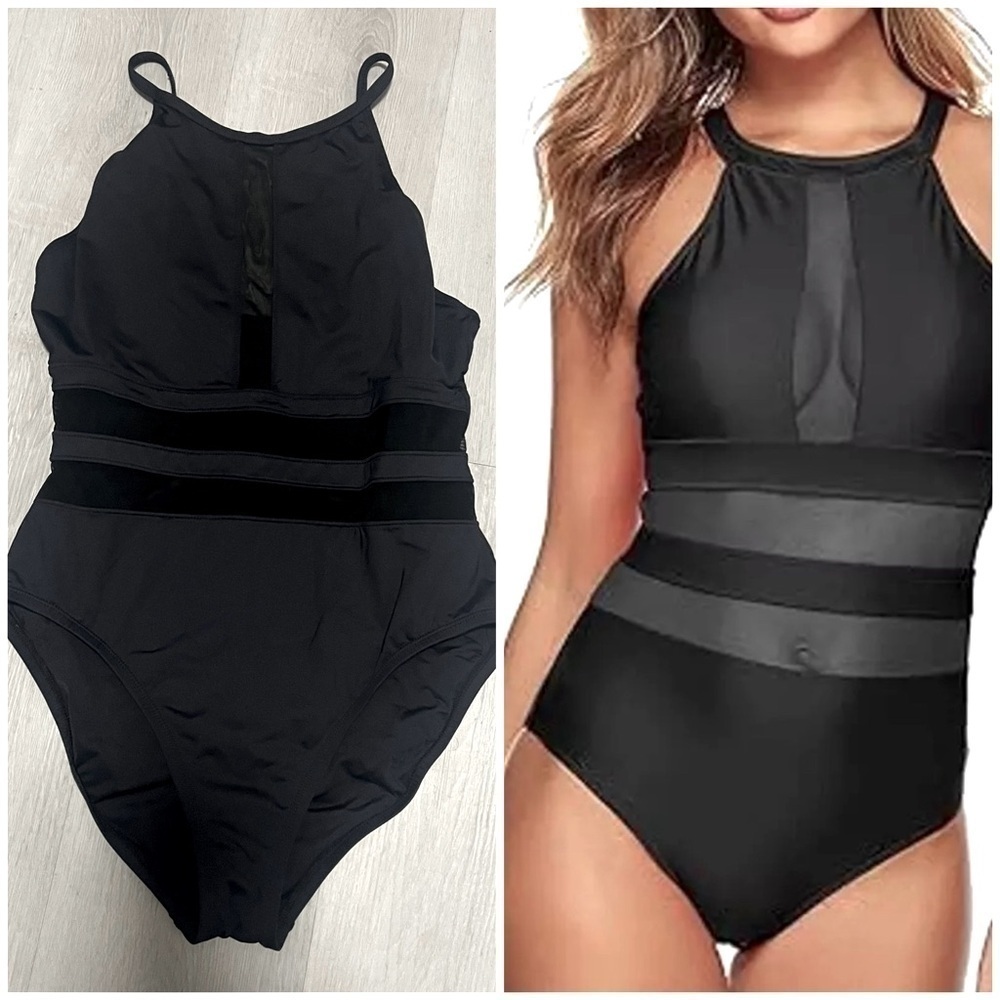 La Blanca Women's Size 12 Black Mesh Detailing High Neck One Piece Swimsuit EUC